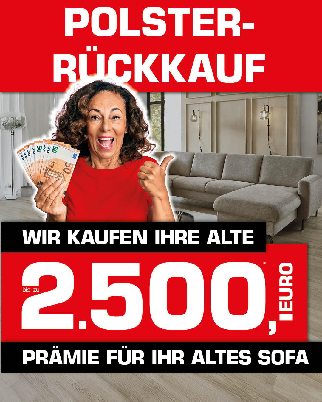 Frau mittleren Alters freut sich über Geldscheine